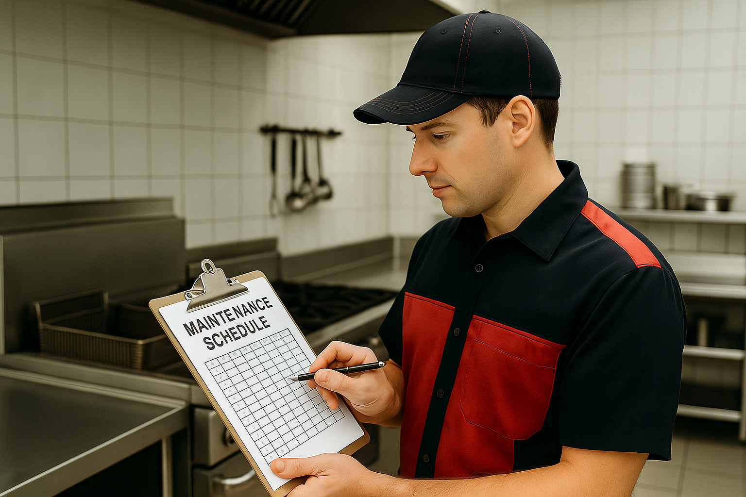 RSM Atlanta reviewing a full maintenance plan checklist with a technician in a commercial kitchen.